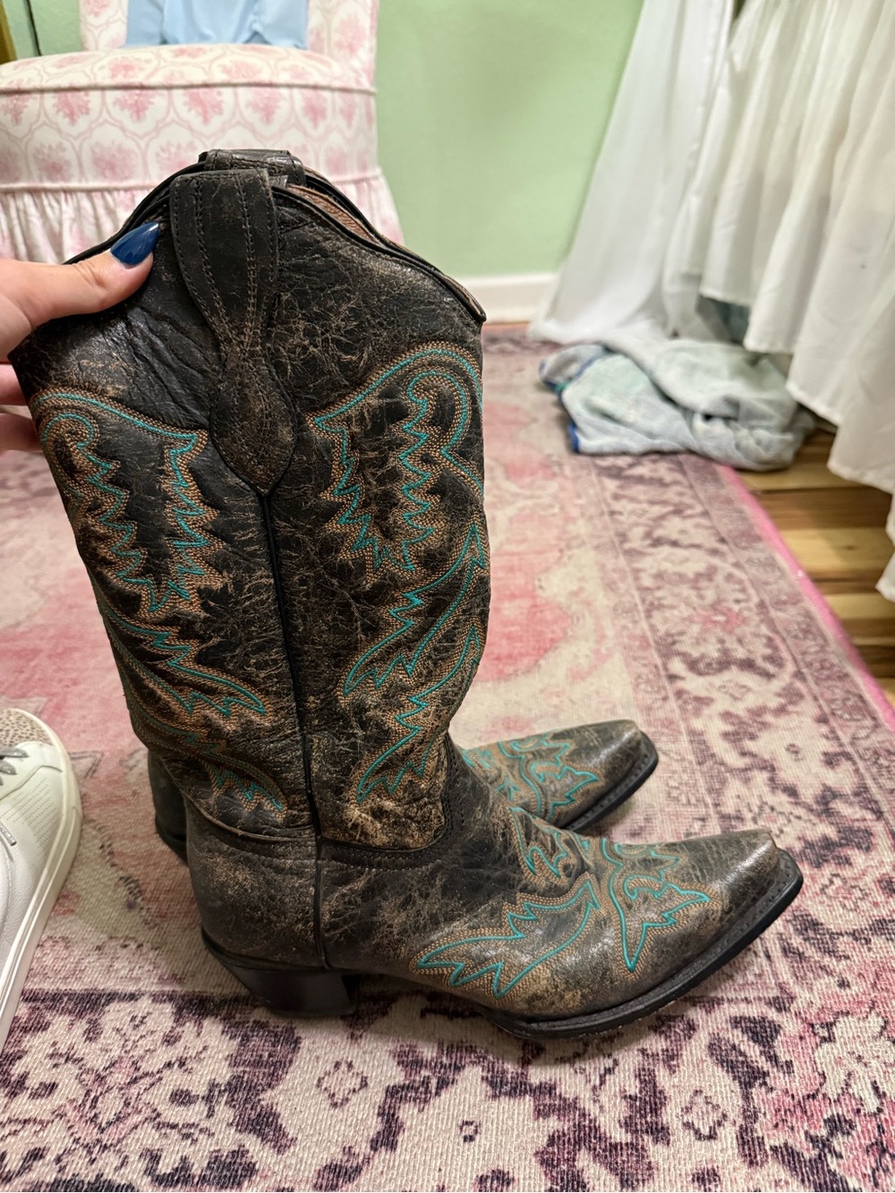 Circle G Distressed Brown Western Boots with Teal Stitching